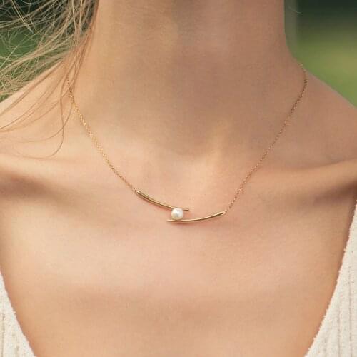 Fashion Real 925 Sterling Silver Necklace Gold Color Chopsticks Pendant Clavicle Chain with Pearl Women Fine Party Jewelry
