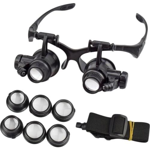 10X 15X 20X 25X LED Double Eye Jeweler Repair Watch Magnifier Loupe Glasses Lens With 2 LED Lights 4 Interchangeable Lens Loupe