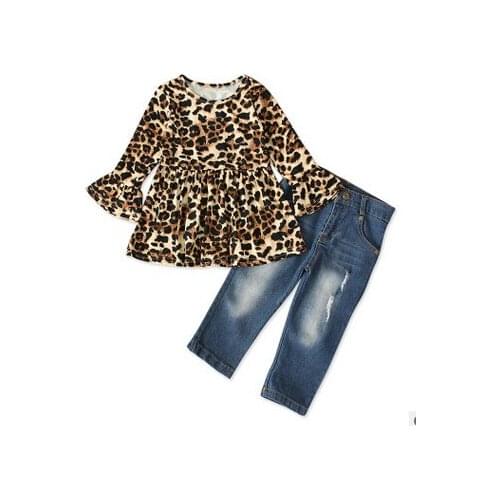 Toddler Girl Clothes 2PCS Kid Baby Girl Ruffle Long Sleeve Leopard Tops +Jeans Denim Pants Summer Clothes Sets