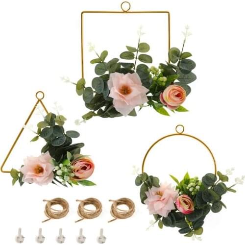 3 Wrought Iron Wreath Pendant Artificial Flower Wreath Green Wall Hanging Decoration for Home Wedding Decoration Indoor Decor
