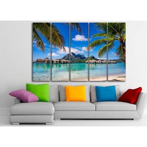 5 Panel Wall Art Island Thatched Cottage Canvas Painting Modular Landscape Poster Home Decor Prints Pictures Living Room Framed