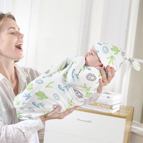 Baby Sleeping Bag Swaddle Blanket Wrap With Hat Set 100% Cotton Knitted Sleepsack 0-3 Months Newborn Toddlers Sleeping Bag