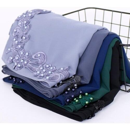 Womens Floral Lace Scarf Chiffon Hijab with Beads Long Shawls Wraps Womens Scarves Muslim Fashion Turban Foulard Hijab caps