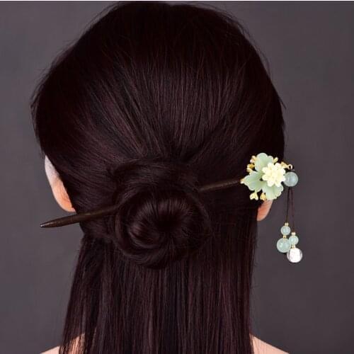 FYJS Unique Light Yellow Gold Color Synthetic Flower Green Colored Glaze and Stone Beads Wood Classic Hair Jewelry