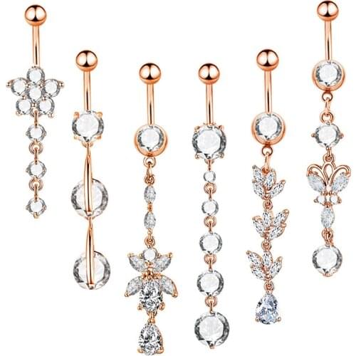 1PC 316L Surgical Steel Dangle Belly Piercing Navel Rings CZ Crystal Zircon Barbell Belly Button Ring 14G Sexy Piercings Jewelry