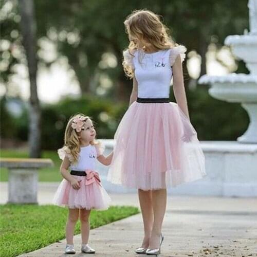 Pink Formal 2pcs Women Baby Girls Dress Vest Tops short sleeve T-shirt Tee Family Matching Short Bow Knot Tutu Skirt Outfits