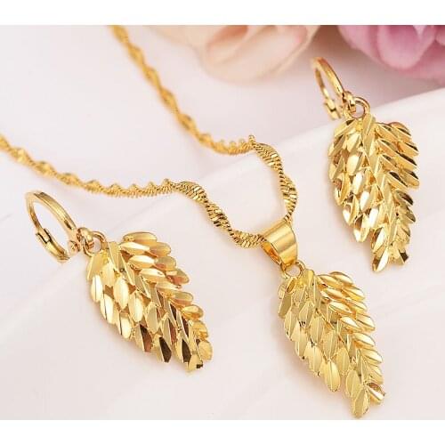Dubaii india arab Fashion plume Pendant Earring Set Women Party Gift 9 k Solid G/F Gold Leaf Necklace Jewelry Sets