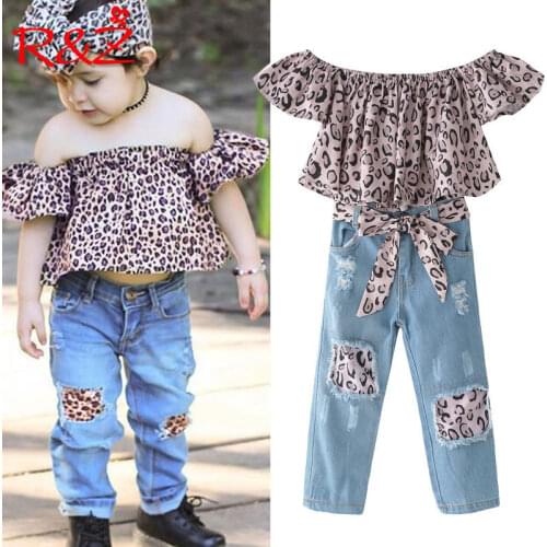 R&Z 2019 Girls Clothes Set New Summer Suit Leopard Jacket + Hole Jeans + Headwear 3 Piece Kids Clothing k1