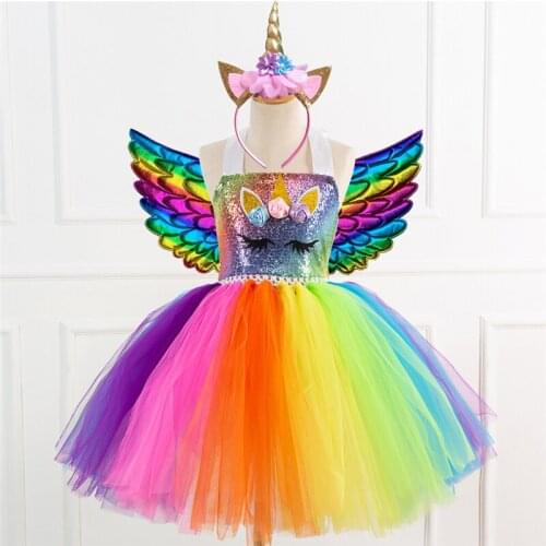 Unicorn Costume Dress Girl 2021 Rainbow Birthday Party Gift Princess Tutu Dress Christmas Halloween Costume for Kids Full Sets
