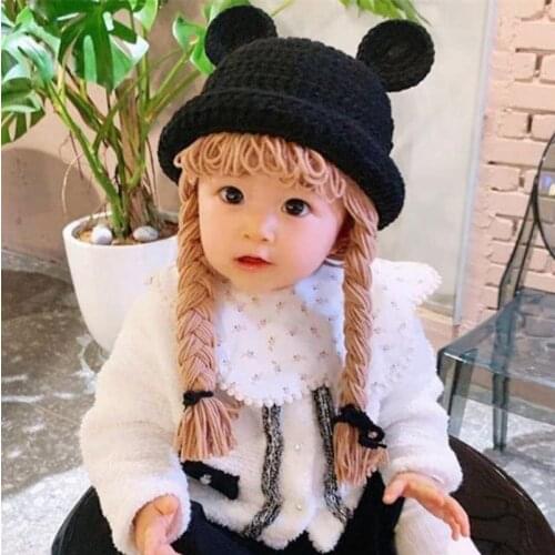 2021 Cute Baby Girl Boy Bucket Hat Hair Pigtail Braid Wig Cap Winter Warm Crochet Knit Children Kids Girls Hats and Caps Black