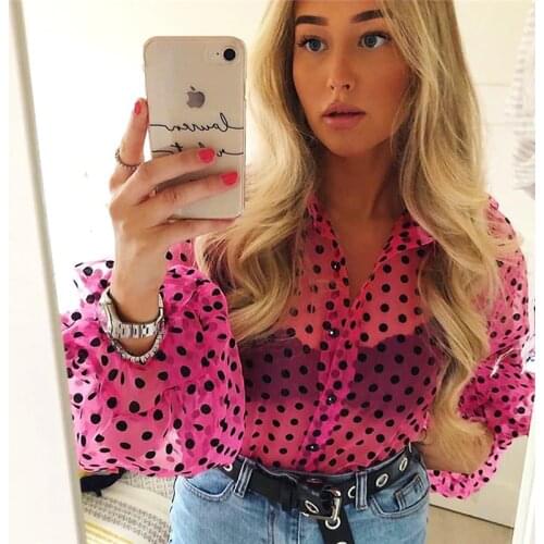 Fashion Street Style Shirt Blouse Women See Through Sheer Mesh Lantern Full Sleeve Polka dots Buttons up Fall Tops Shirt Blusas