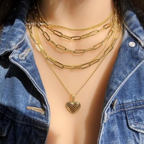 Fashion Multi Layer Necklaces Gold Color copper Link Chain heart Pendants Necklace Punk Hip Hop Miami Cuban Choker women Jewelry