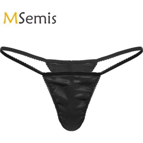 MSemis Men Lingerie Underwear Gay Sexy Silky Satin Bikini Thong Low Rise Front Bulge Pouch T-back G-string Briefs Sissy Panties