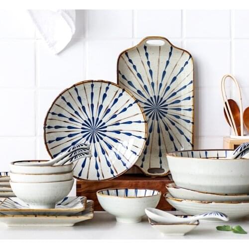 Japanese Style Plate Sets Flower Spicy Noodles Porcelain Plate Sets Rice Bowl Sushi Assiette Porcelaine Tableware Set EH50PS
