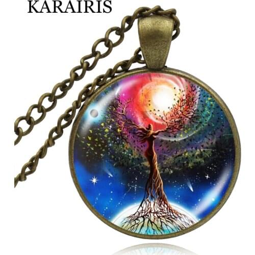 KARAIRIS Dome Glass Tree of Life Statement Necklace & Pendant Women Balance Meditation Necklaces Jewelry Long Chain Choker Gifts