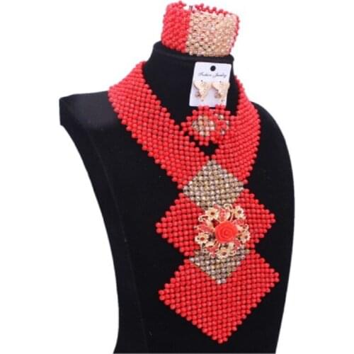 Necklace Earrings Bracelet Gold Red Handmade African Beads Jewelry Sets Fashion Big Bridal Jewelry Crystal 2018 Free Shipping