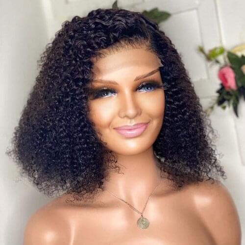 12Inch Short Bob Kinky Curly Synthetic Lace Front Wig Glueless Lace Wigs For Black Women Fiber Daily Wear Wigs 180%Density