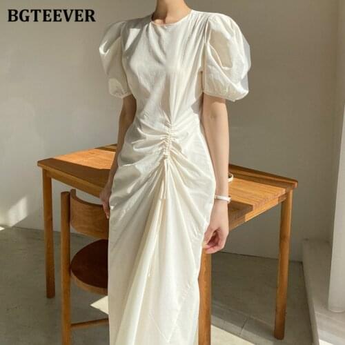 BGTEEVER Elegant Chic Puff Sleeve Women Solid Mid-length Dress O-neck Drawstring Loose Female A-line Dress 2021 Summer