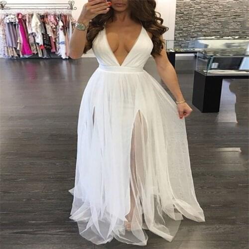 Summer Sexy Women Solid V-neck Tulle Tutu Long Maxi Dress Sleeveless Backless Evening Party Beach Sundress White Blue hot
