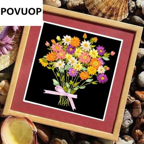 POVUOP Ribbon embroidery small paintings intergards 3d cross stitch bountyless small 30X30cm