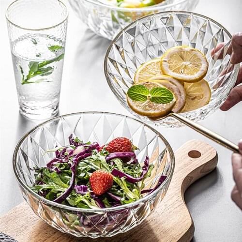 Salad Bowls Transparent Crystal Diamond Pattern Fruit Salad Bowl Reusable Dishwasher Microwave Safe Soup Bowls for Home Kitchen