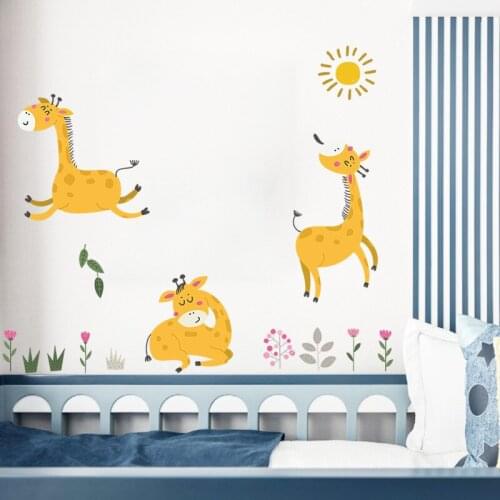 Nordic ins Sunny Deer Cartoon Wall Sticker Pink Small Flowers Grasses Wallpaper For Kids Bedroom Living Room Warm Home Decor