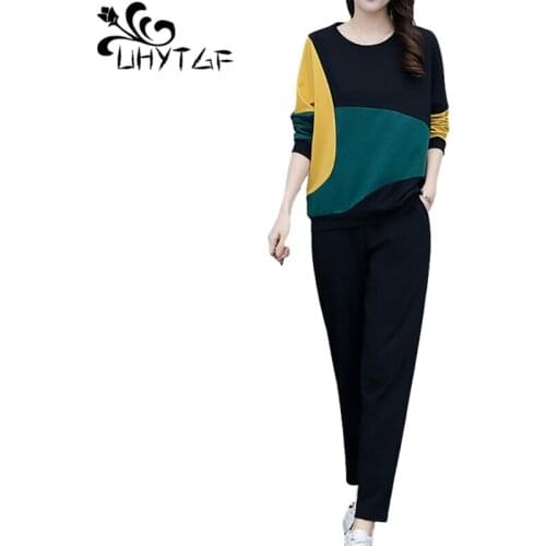 UHYTGF Women Tracksuit Fashion Color Matching Tops+Pants Spring Two-Piece Set Female Black Casual Plus Size Sportswear Suit 1995