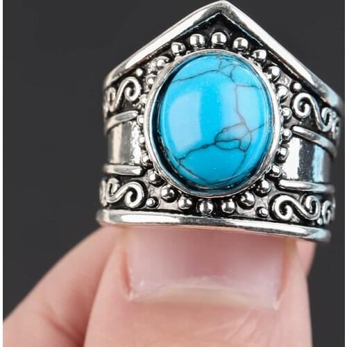 Vintage Carved Texture Blue Turquoises Rings for Women Bohemia Jewelry Couples Chunky Finger Rings Party Gift Wholesale