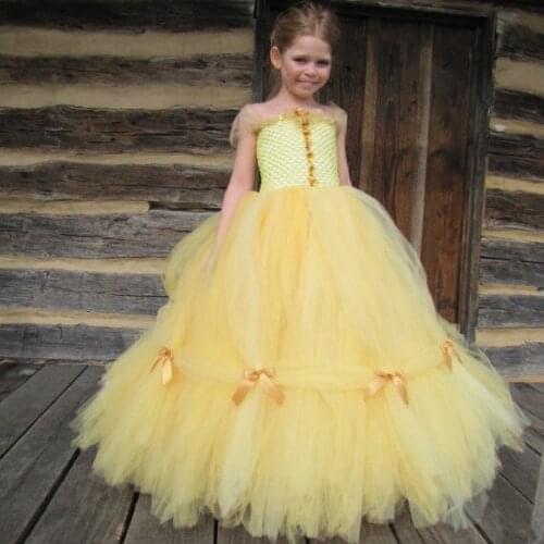 Girls Yellow Vintage Flower Tutu Dress Kids Evening Dress Ball Gown Children Birthday Party Banquet Costume Princess Dresses