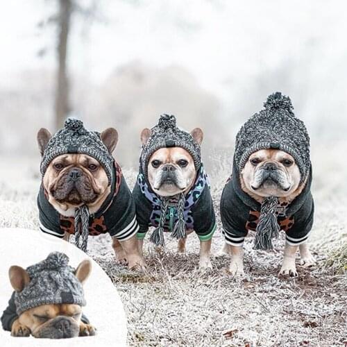 Winter Warm Dog Hats Windproof Knitting French Bulldog Hat for Dogs Chihuahua Hat Fluffy Ball Puppy Accessories Pet Hat
