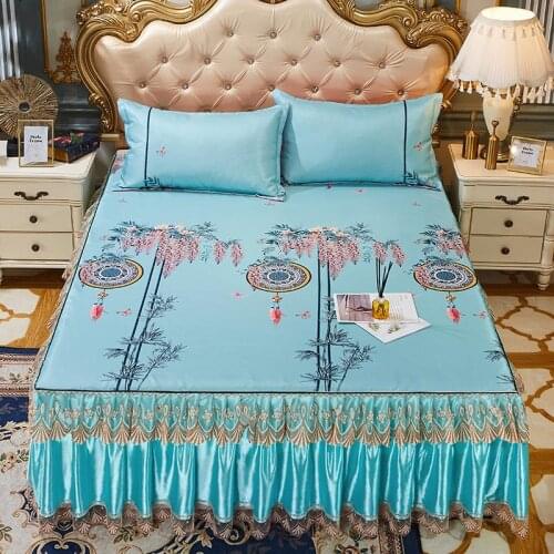 2020 new products Printed ice silk mat Bed spread Fitted Sheet Pillowcases 2/3 pcs Double lace princess Bedding