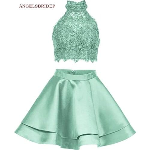 ANGELSBRIDEP Two Pieces Homecoming Dresses Sexy High-Neck Lace Crystal Graduation Formal Party Gowns Hot Sale