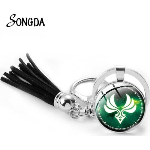 Anime God Genshin Impact Eye Tassel Keychain Holder Round Glass Dome Key Chains Rings Charms for Bag Car Jewelry Accessories