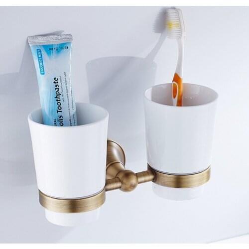 Antique Brass Ceramic Tooth Mug Tooth Gargle Cup with Brass Rack Holder Wall Mounted, with Two Ceramic Cups ZD887
