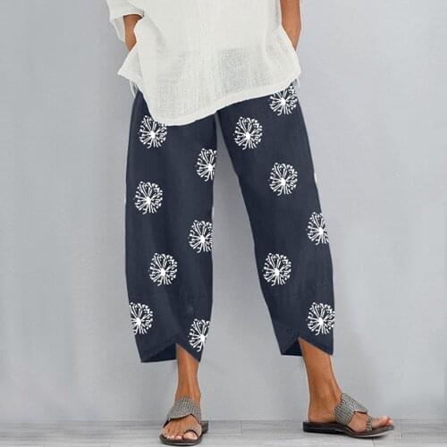 Summer New Casual Dandelion Print Wide Leg Pants Loose Elastic Waist Pocket Casual Pants Oversize Street Style Women Pants