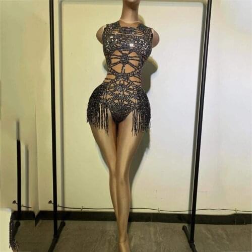 Black Rhinestone Tassels Bodysuit High-Fork Stretch One-Piece Stage Costume Women Nightclub Bar Dj Female Rave Clothes DN8676