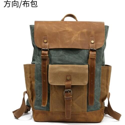 Retro Outdoor Backpack Canvas Bag Crazy Horse Skin Travel Backpack Collision Color Oil Wax Waterproof Computer Bag Male