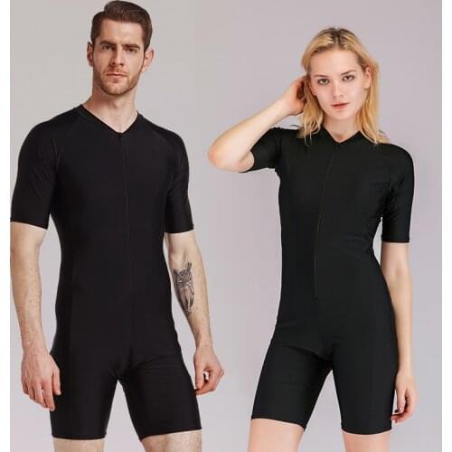 Mens Womens Basic Front Zip Dive Skin Athletic Training One Piece Swimsuit Swimwear Bathing Suit Short Sleeve Sun Protection