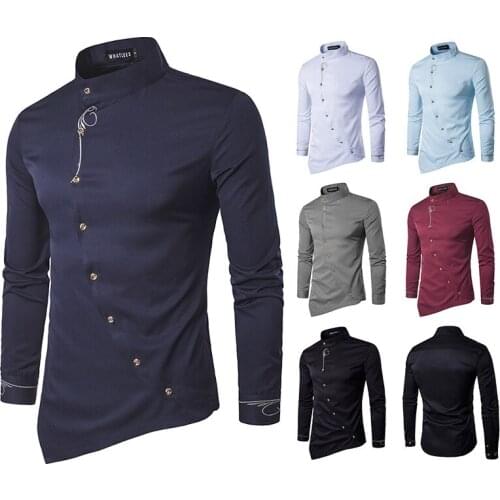 2021 New Men Fashion Embroidery Long Sleeved Shirt plus size Solid Slim Fit Business Shirts Men Casual Irregular Dress Camisas