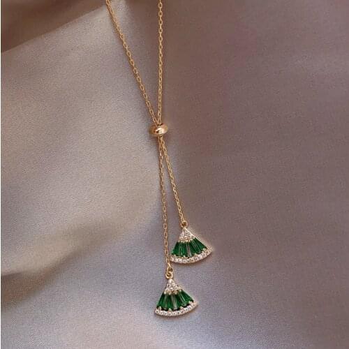 Luxury Female Green Zircon Fan Shape Pendant Necklaces For Women Fashion Jewelry Gift