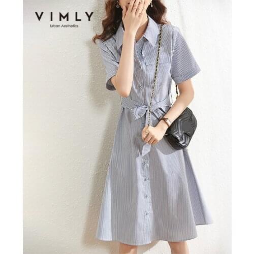 VIMLY Dresses For Women Fashion Stripes Shirt Dress High Waist Bow Sashes Vintage Full Sleeve Dress Female Vestidos F8121