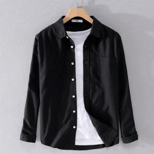 Long Sleeve Shirt For Men 2020 Autumn New 100%Cotton Black Turn-down Collar Casual Male Solid Color Comfortable Clothing Y3171