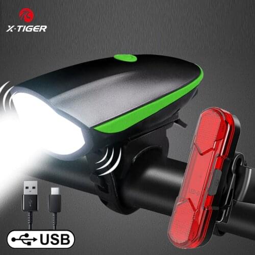 X-TIGER Bicycle Light USB Charging IPX5 Waterproof 1200mAh MTB Bike Horn Light LED Flashlight Cycling Headlight Tail Light Set