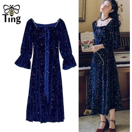 Tingfly Vintage Elegant Square Collar Luxury Glitter Blue Velvet Party Dinner Dresses Ribbon Midi Long A Line Dress Plus Haut ZA