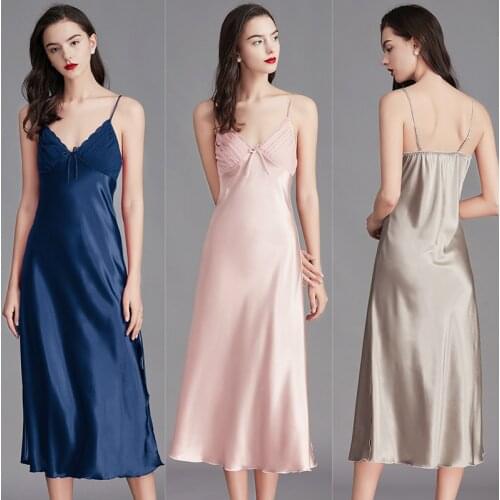 Summer New Style Sleepwear Home Nightwear Silk Satin Tops Dress Sexy Slim Long Style Large Size With Chest Pad