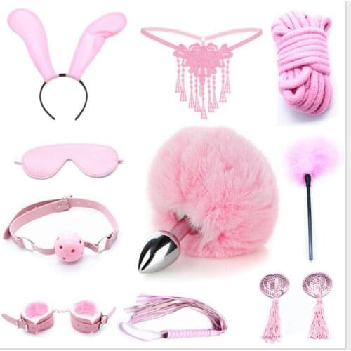 Female BDSM Sex Toys Suit Handcuffs Nipple Clamps Whip Rabbit Tail Anal Plug Rabbit Headband Sexy Panties for Woman