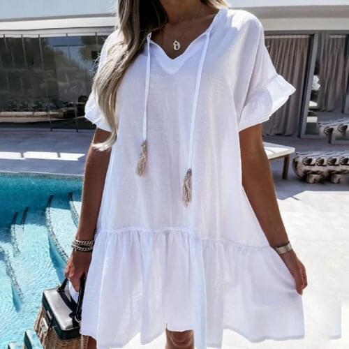 Women Summer Fashion Casual Loose Ruffles Dress Mini Short Sleeve V Neck Lace Up White Black Red Beach Party Dresses For Woman