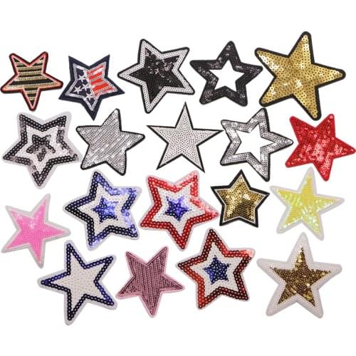 2 PCS Star Embroidered Patch Sequin Sewn Iron Badge Gold Silver Red Black Blue Powder Clothes Hat Backpack DIY Decal Decoration