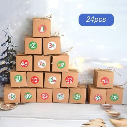 24pcs Kraft Paper Christmas Candy Box European Digital Gift Bags Candy Packaging Gift Box With Stickers Christmas Party Supplies