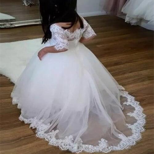 White Lace Appliqué half sleeve Flower Girl Dresses Princess Flat collar Party Dress For Girl First Communion Prom Dresses